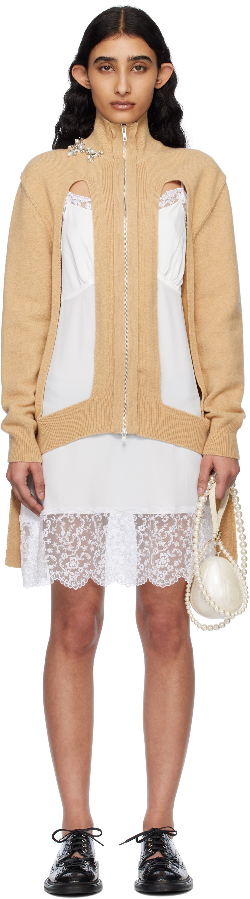 Mekko Simone Rocha Simone Rocha Embellished Window Zip Cardigan Beige | LMK4BW 0660
