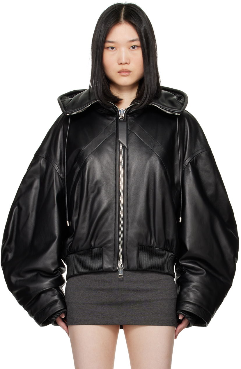 Bomber-takki The Attico Attico Leather Bomber Jacket with Hood Musta | 247WCB62 L054