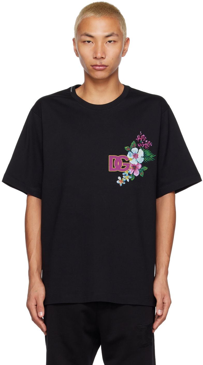 T-paita Dolce & Gabbana Floral Logo Print Black T-Shirt Musta | G8PJ0ZG7HBV