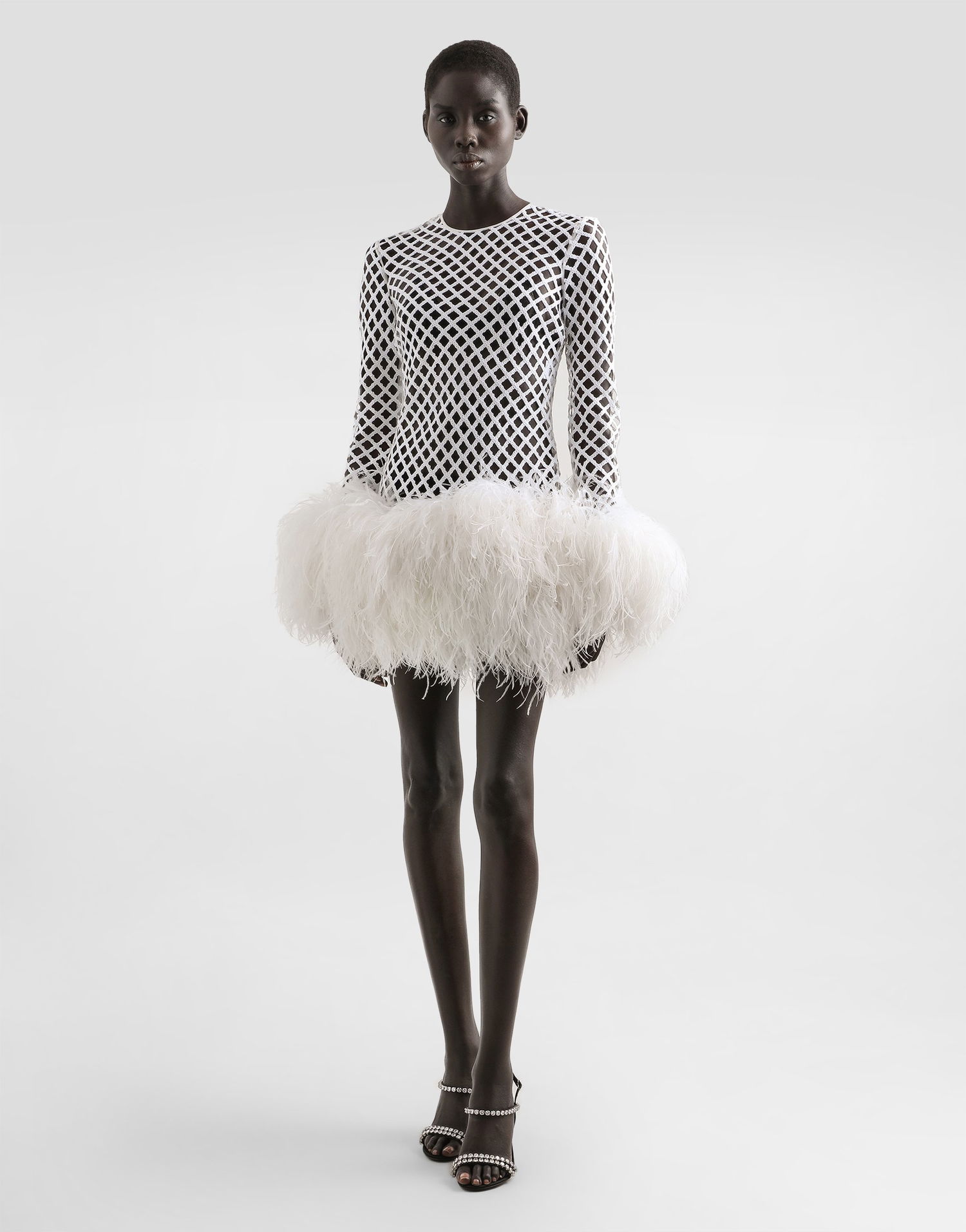 Mekko Dolce & Gabbana Dolce & Gabbana Short Sequin Mesh Feather Trim Dress Valkoinen | F60FCZFLSLDW0800, 1