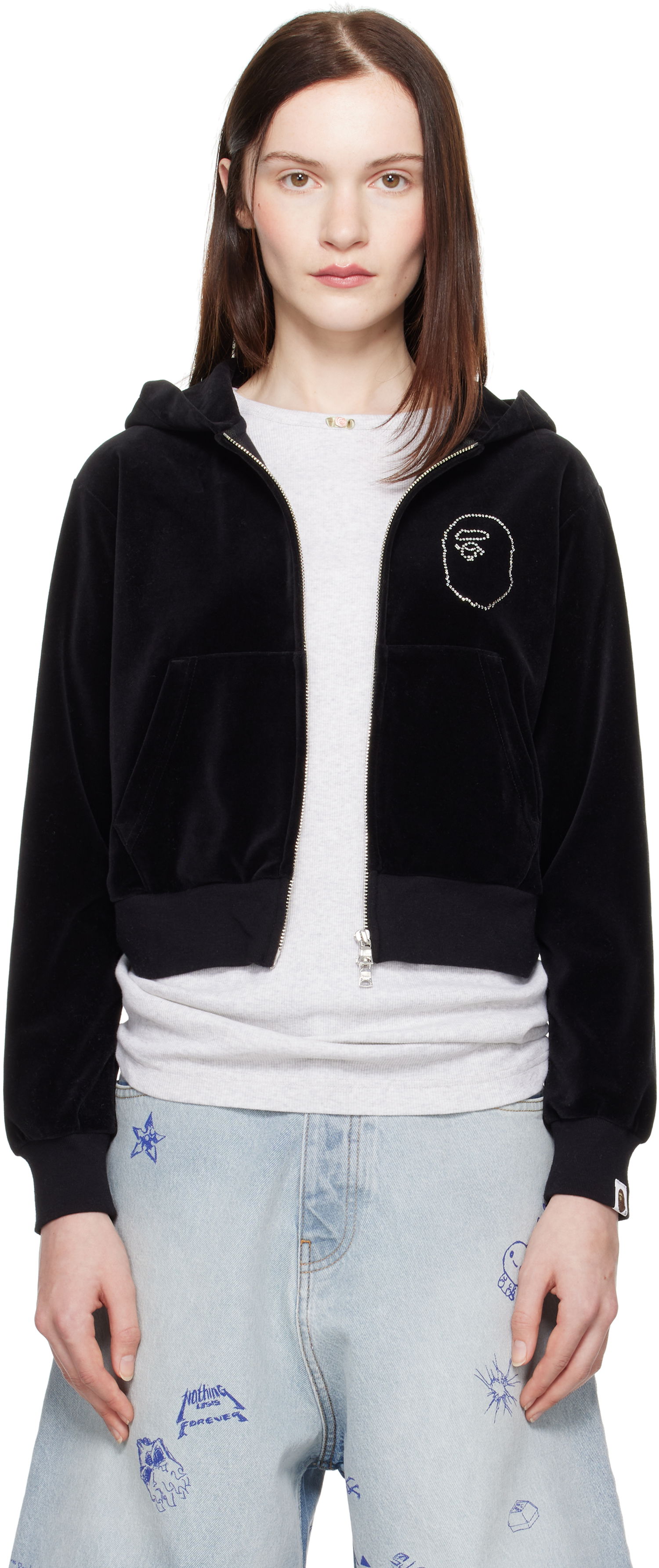 Huppari BAPE A Bathing Ape Crystal Stone Ape Head Velour Cropped Hoodie Musta | 001ZPK802004L, 0