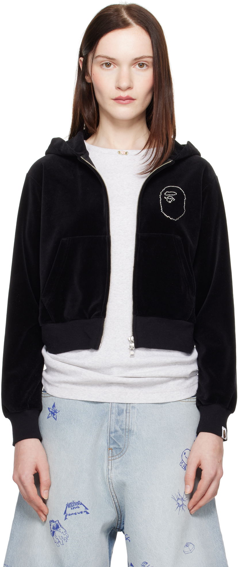 Huppari BAPE A Bathing Ape Crystal Stone Ape Head Velour Cropped Hoodie Musta | 001ZPK802004L