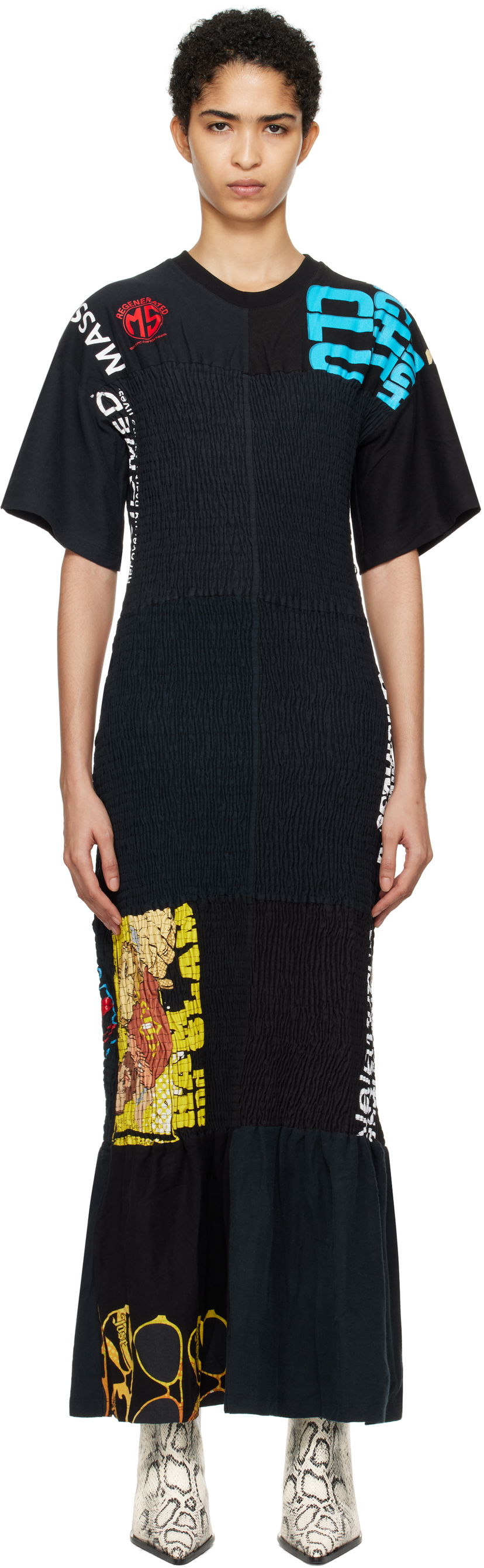 Mekko Marine Serre Upcycled Shirred Fitted Maxi Dress Musta | WDR283A
