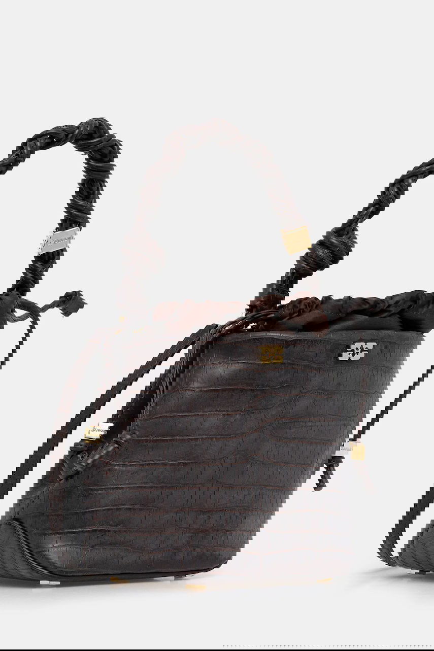 Käsilaukku GANNI Bou Braided Handle Crocodile-Embossed Drawstring Bucket Bag Ruskea | A6697, 1