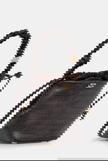 Käsilaukku GANNI Bou Braided Handle Crocodile-Embossed Drawstring Bucket Bag Ruskea | A6697, 1