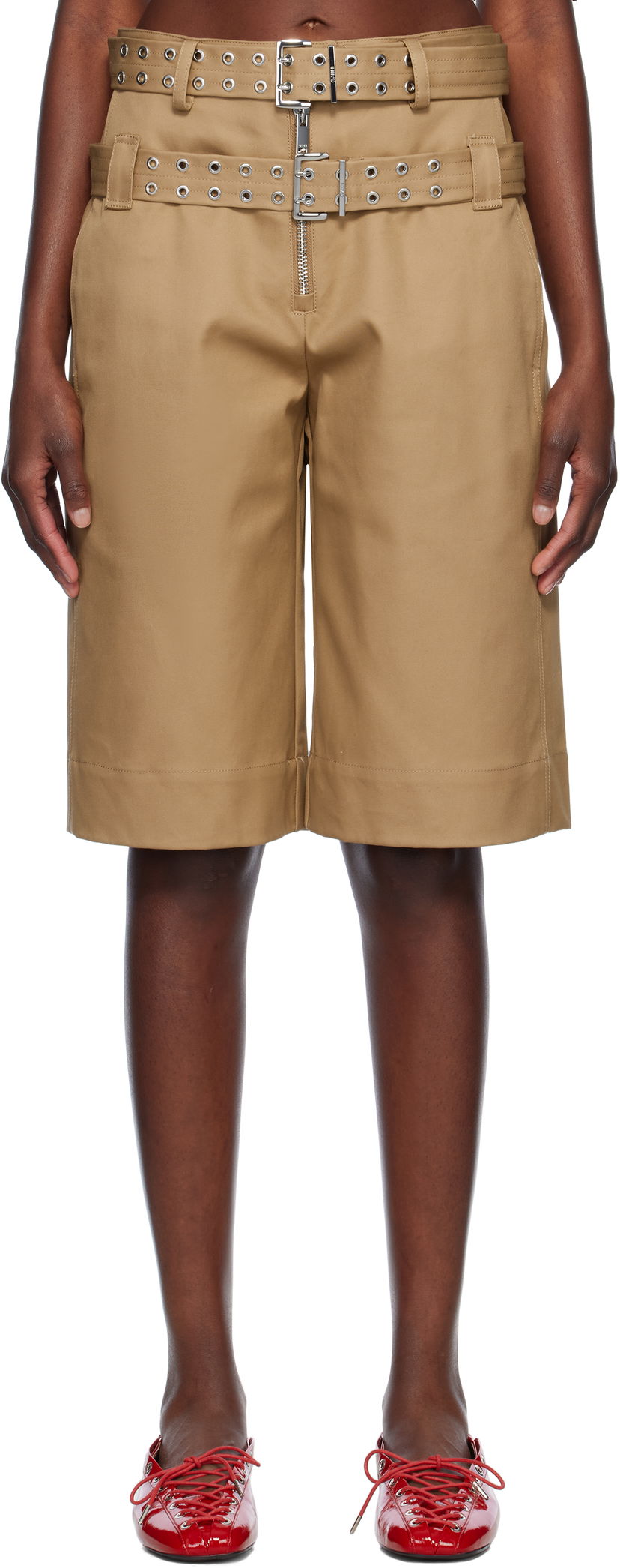 Shortsit GANNI GANNI Bonded Cotton Shorts with Belt Beige | W0527