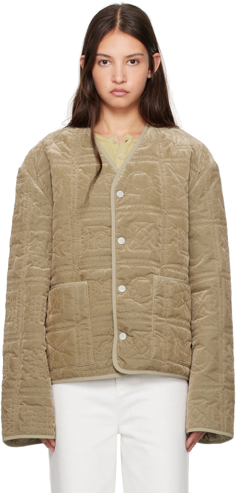 Puffer takki Nanushka Nanushka Adara Quilted Velvet Jacket Beige | NU24FWJK03166