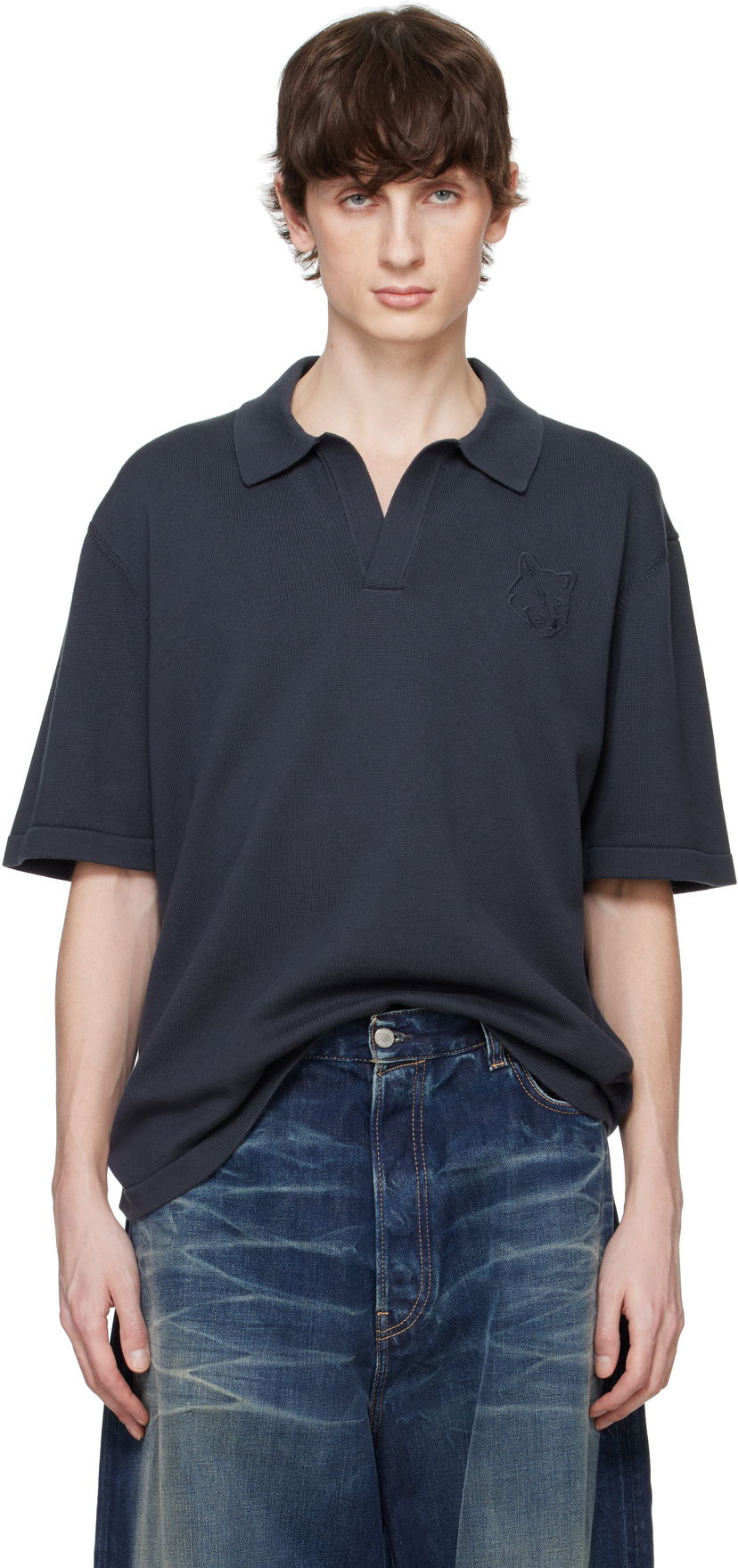 Poolopaita MAISON KITSUNÉ Maison Kitsuné Fox Head Embroidered Knitted Polo Tummansininen | OM00205KT1135