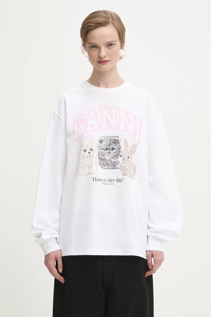 T-paita GANNI Re-cut Heavy Jersey Animals Long-sleeved T-shirt Valkoinen | T4275