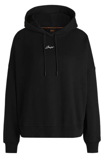 Huppari BOSS Oversized Cotton Terry Hoodie with Handwritten Logo Musta | 50547572
