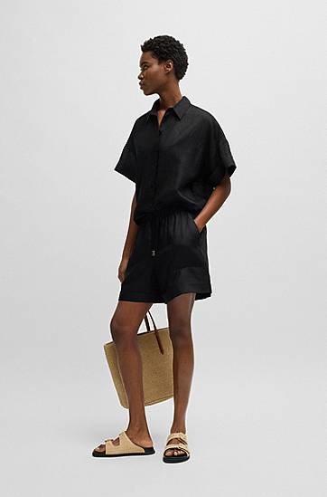 Shortsit BOSS Ramie Relaxed-Fit Shorts with Drawstring Musta | 50537924, 1