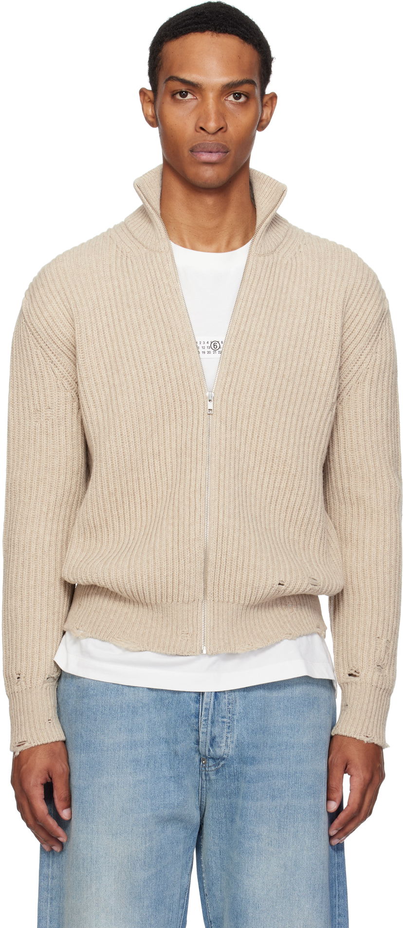 Villapaita Maison Margiela MM6 Maison Margiela Ribbed Knit Zip Sweater Beige | SH0AM0064 M13138