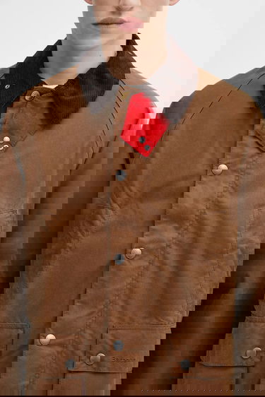 Takki Barbour Paul Smith OS Bedale Wax Jacket with Red Snap Tab and Corduroy Collar Ruskea | MWX2515TA51, 3