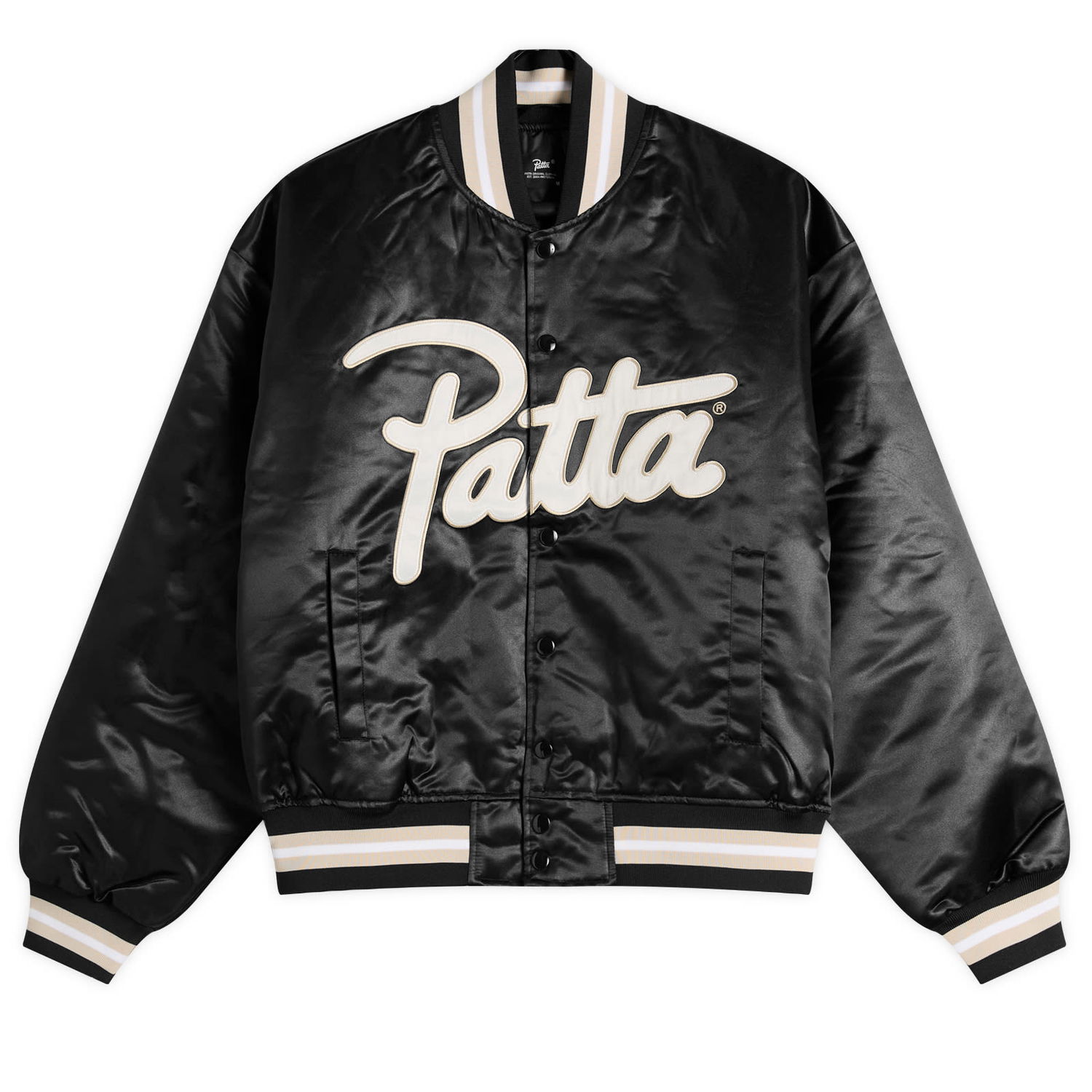 Bomber-takki Patta Patta Script Logo Satin Varsity Jacket, Size Small Musta | POC-AW25-5000-348-0016-001, 0