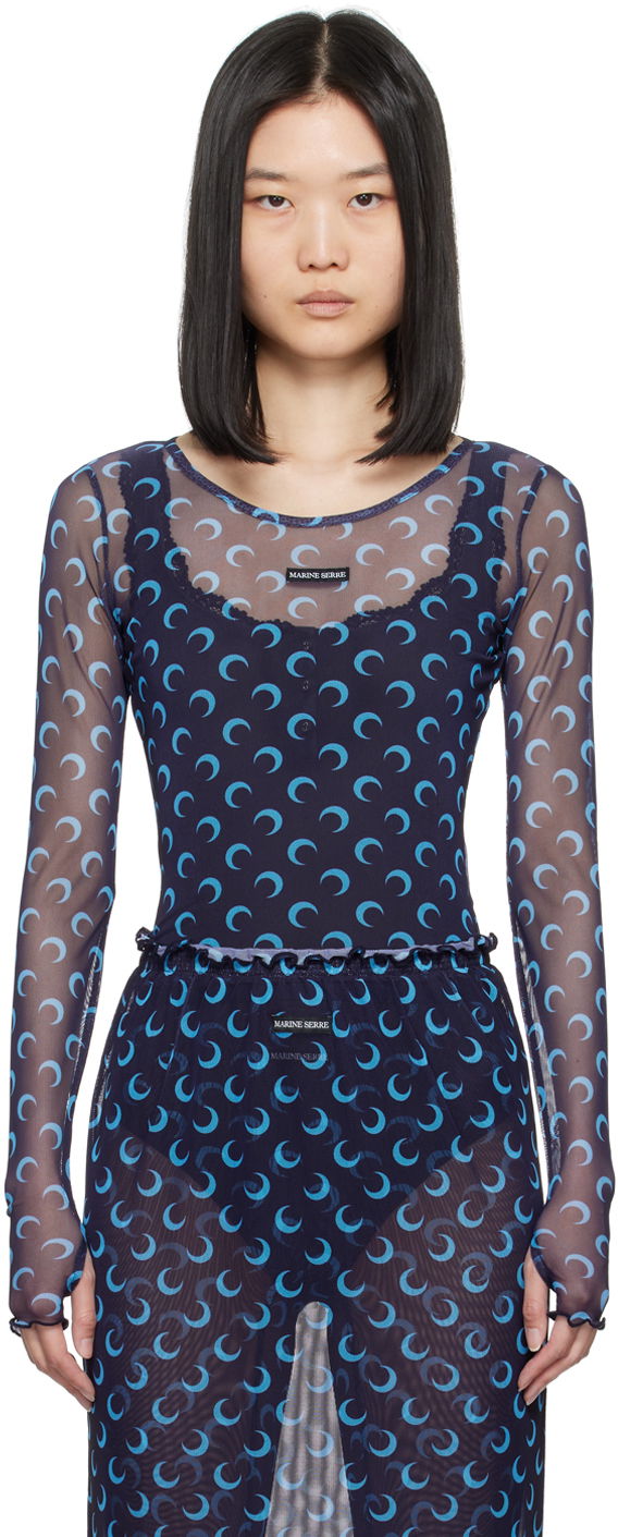 T-paita Marine Serre Navy Moon Printed Long Sleeve T-Shirt Tummansininen | WTS012A