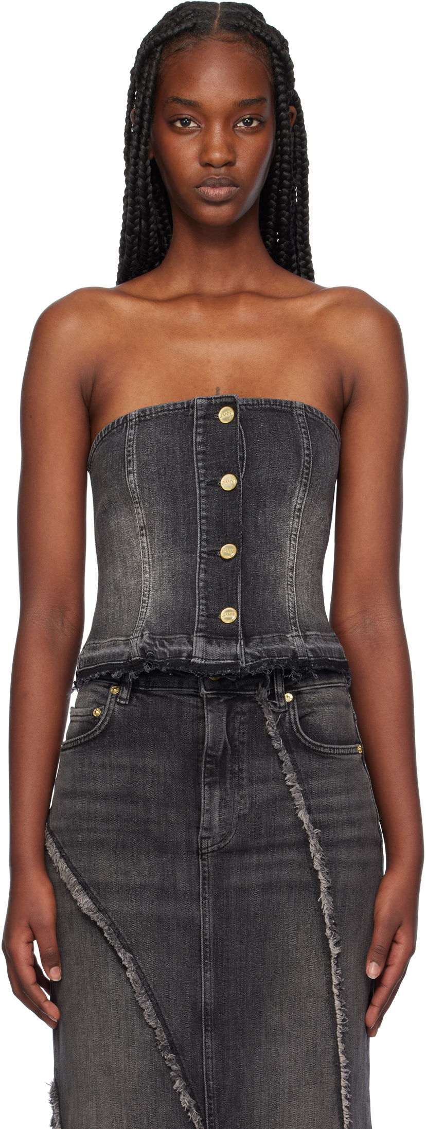 Tankkitoppi GANNI Washed Denim Button Up Top Musta | J1586