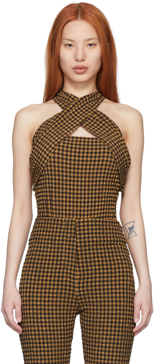 Haalari Nanushka Checkered Halter Neck Bodysuit Ruskea | NW22SSJS00399