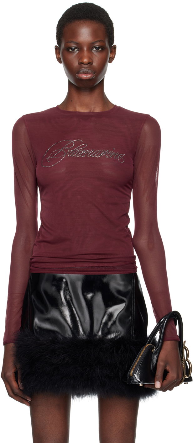 T-paita Blumarine Rhinestone Long Sleeve T-Shirt Burgundia | A422T074A