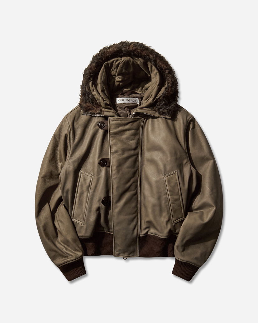Bomber-takki OUR LEGACY Compel Leather Bomber Jacket with Fur Hood Vihreä | M4259CO 001