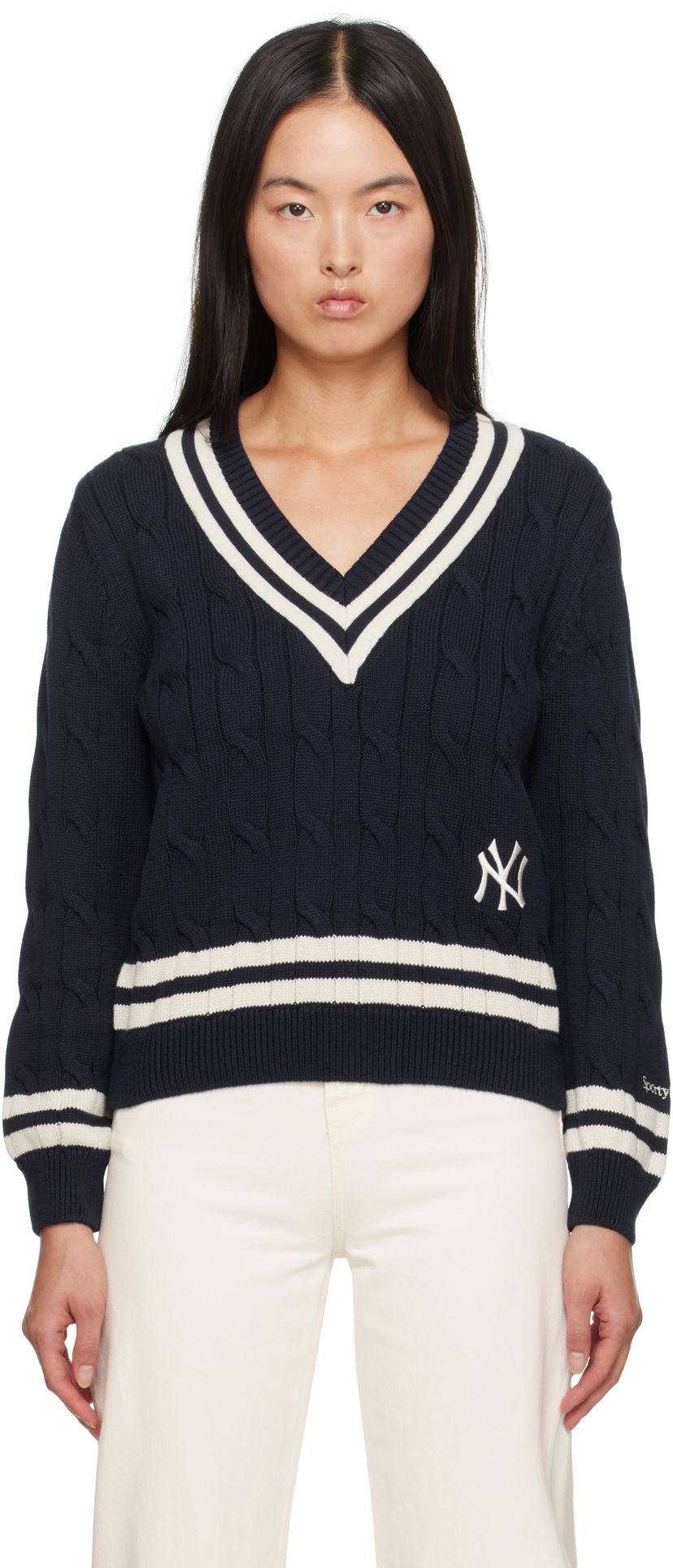 Villapaita Sporty & Rich '47 Edition Yankees Serif Cable Knit Sweater Tummansininen | WS011505631BL32