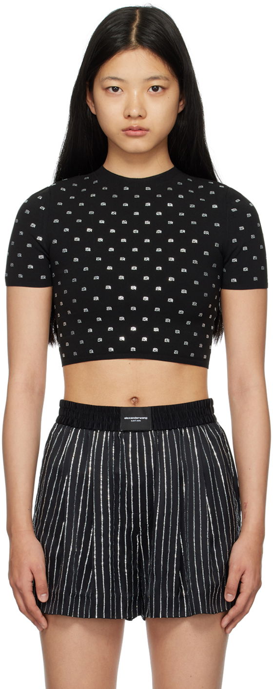 Crop top Alexander Wang Alexander Wang Cropped Crystal T-Shirt Musta | 1KC1231052