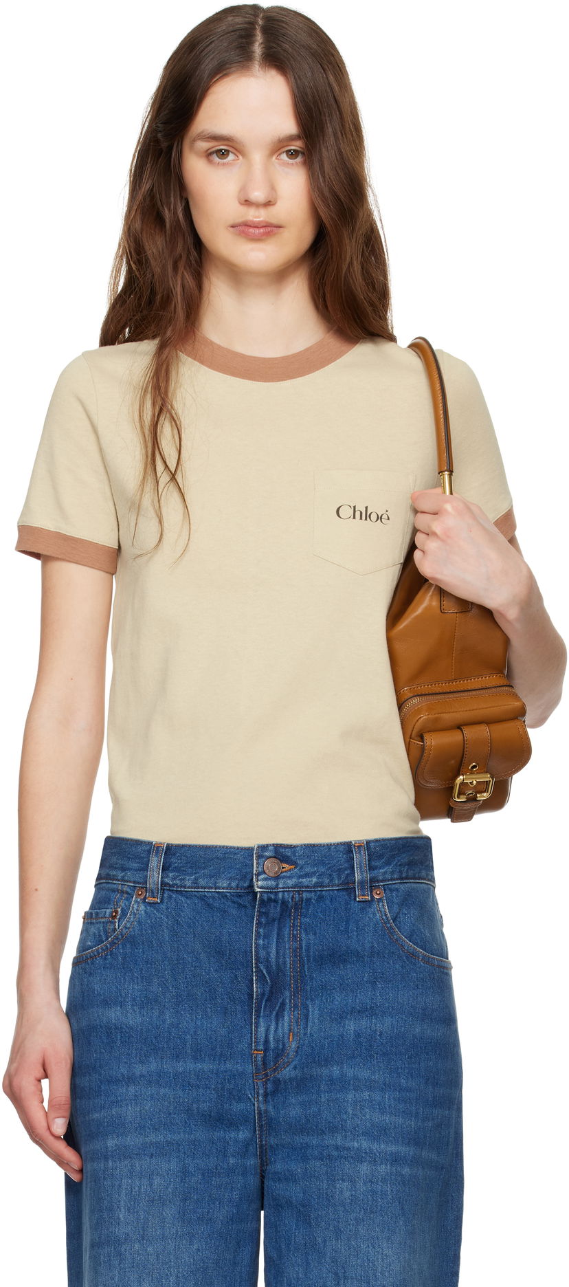 T-paita CHLOÉ Chloé Crew Neck Logo Pocket T-Shirt Beige | CH25UJH04187
