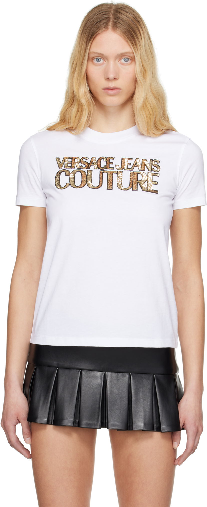 T-paita Versace Versace Jeans Couture Sequinned Logo T-Shirt Valkoinen | E78HAHE02_ECJ00E