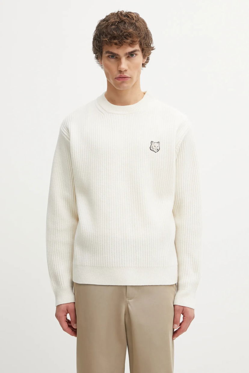 Villapaita MAISON KITSUNÉ Fox Head Wool Ribbed Sweater Valkoinen | PM00811KT1149
