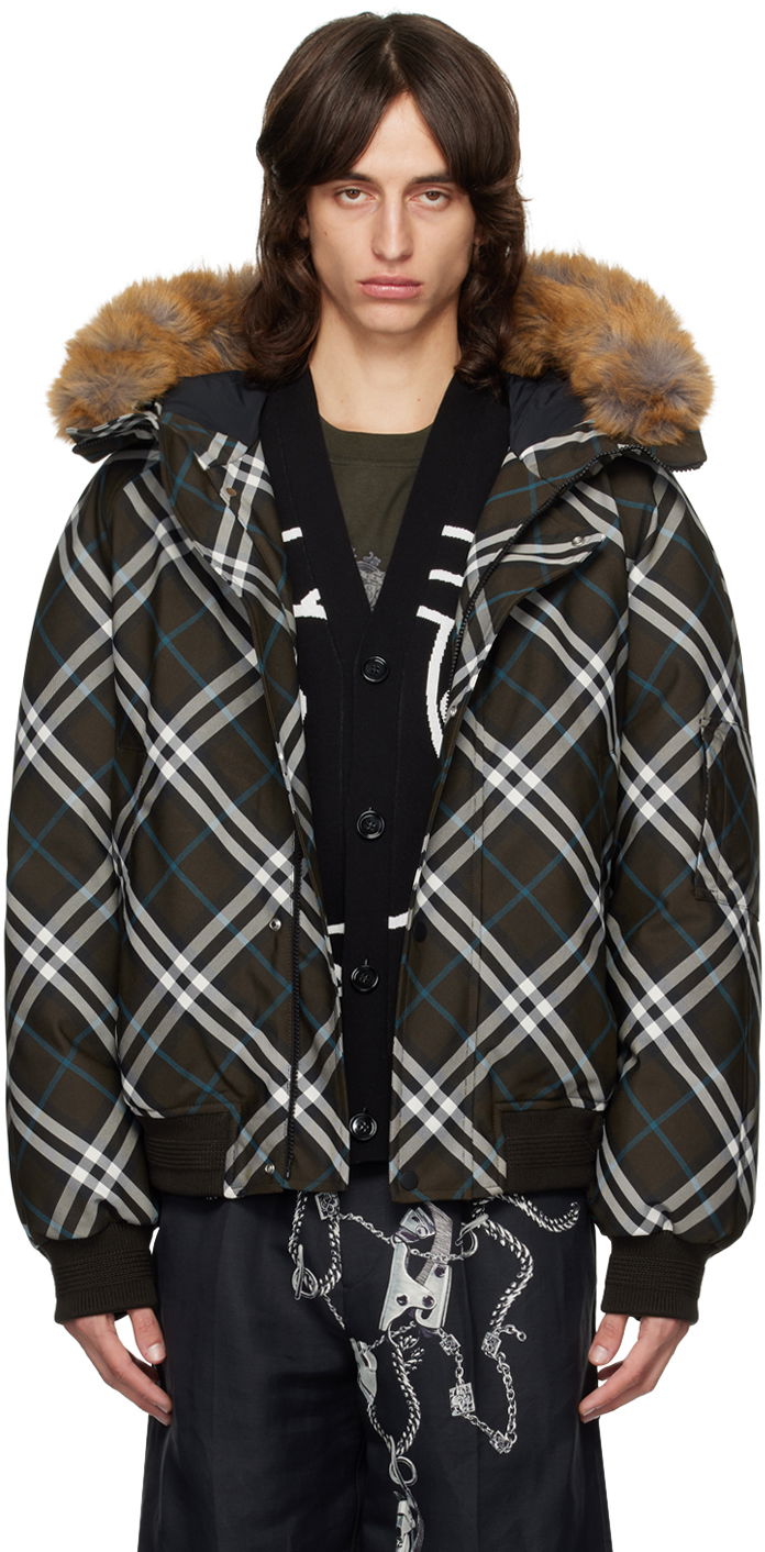 Bomber-takki Burberry Faux-Fur Trim Check Down Bomber Jacket Ruskea | 8091594