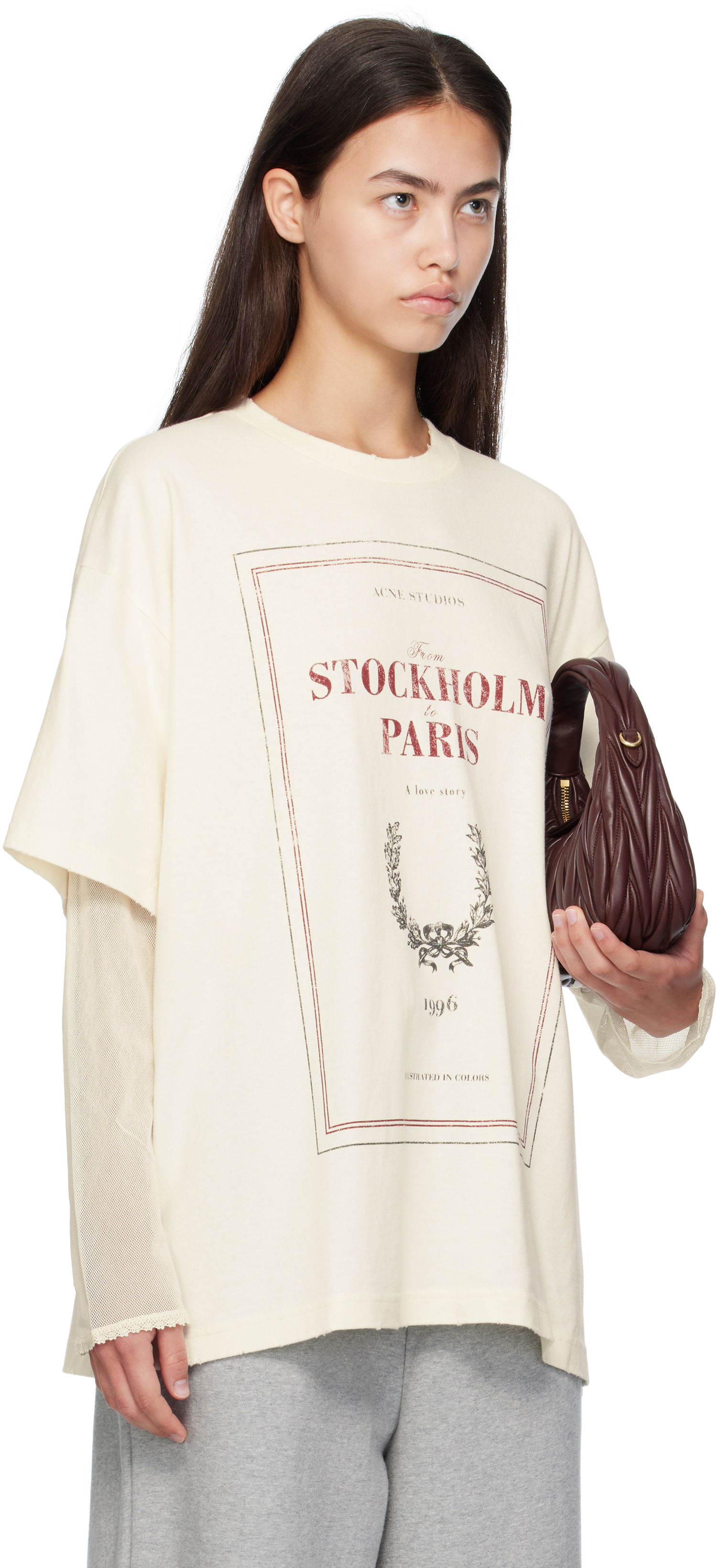 T-paita Acne Studios Acne Studios Layered Print T-Shirt Beige | AL0496-, 1