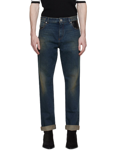 Jeans Balmain Leather Pocket Jeans Tummansininen | BH0MI043DD83
