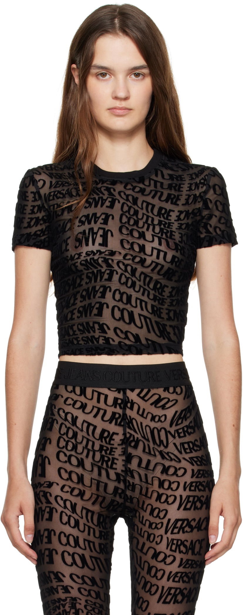 T-paita Versace Versace Jeans Couture Tulle Flock Liquify T-Shirt Musta | E79HAH602_EJS490
