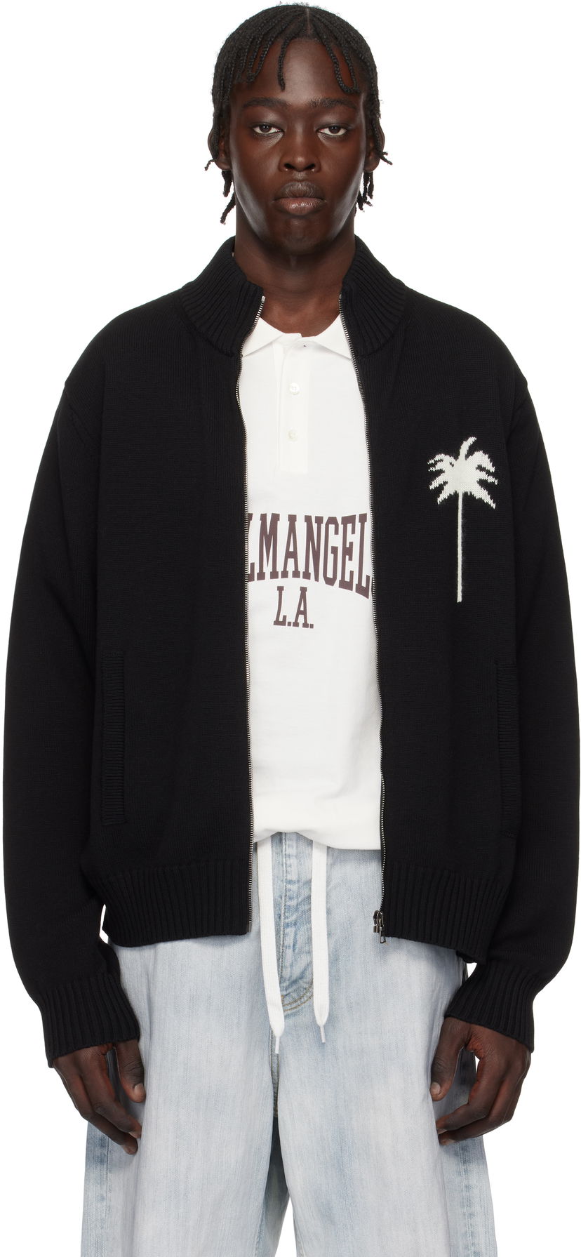 Villapaita Palm Angels Knit Track Jacket With Embroidered Logo Musta | PMHA061S25KNI0011003
