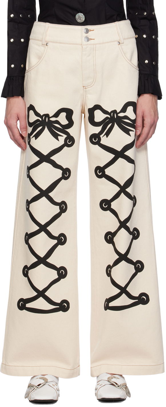 Jeans Chopova Lowena Chopova Lowena Ribbon Print Wide Leg Jeans Beige | 4061, 0