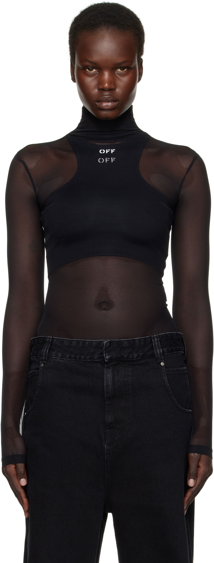 Body Off-White 'Off' Stamp Long Sleeve Mesh Turtleneck Top Musta | OWAD122S25JER0011001