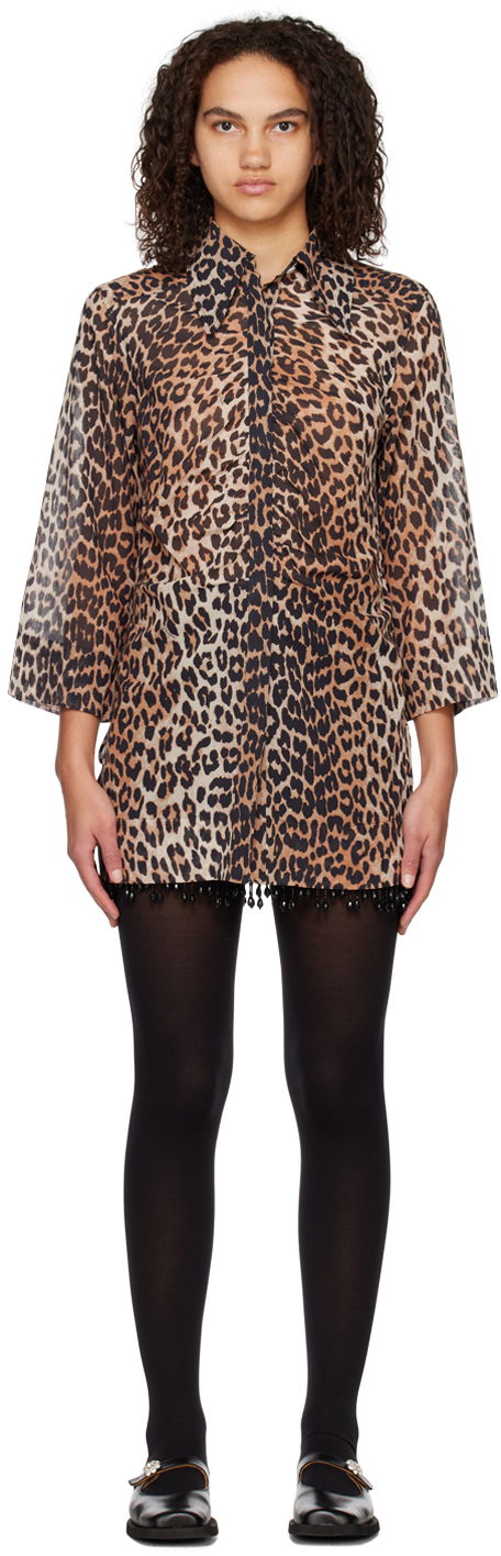 Mekko GANNI GANNI Leopard Print Mini Dress with Beaded Trim Ruskea | F6956