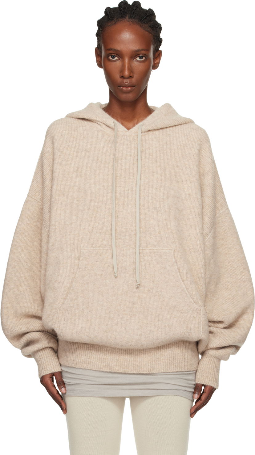 Huppari Rick Owens Concordians Hun Oversized Knitted Hoodie with Kangaroo Pocket Beige | RO02E4660 KWP