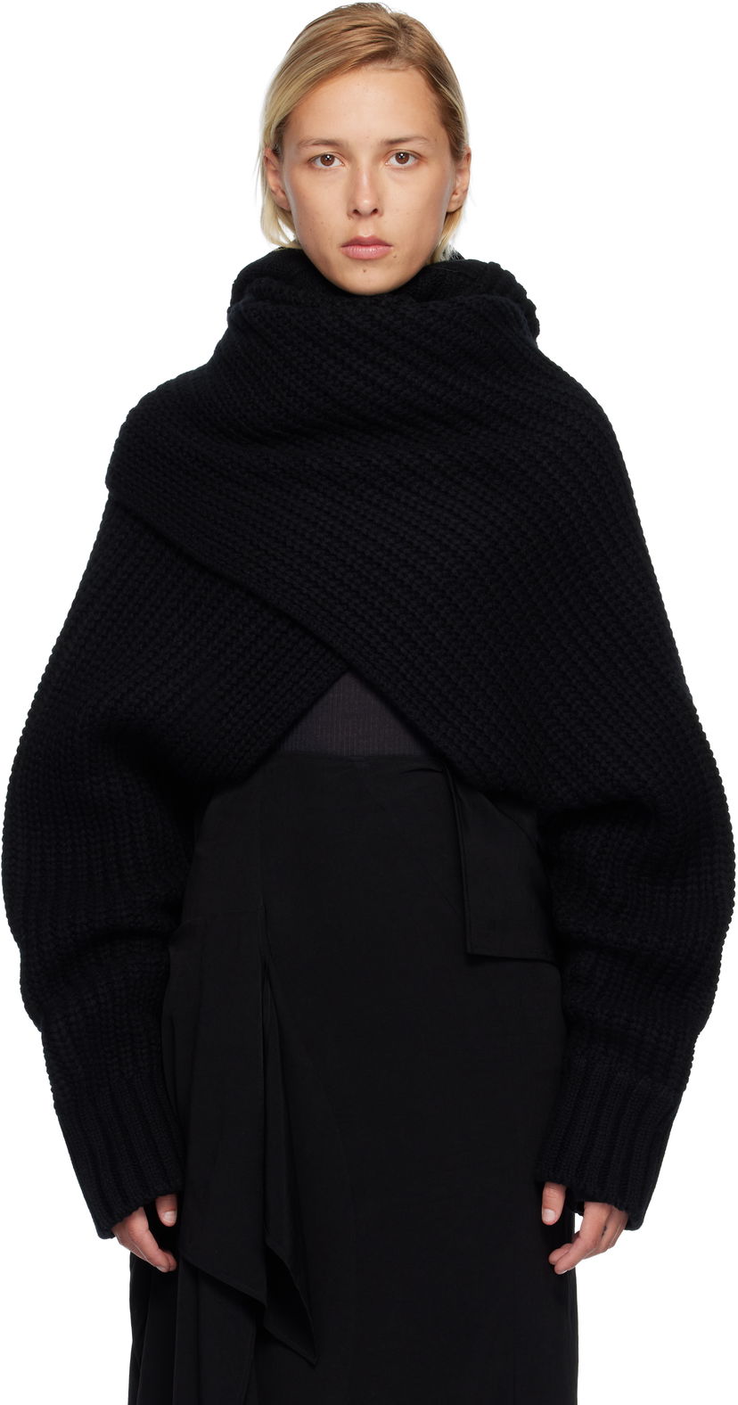 Villapaita sacai Oversized Wool Knit Crossover Turtleneck Musta | 25-08201