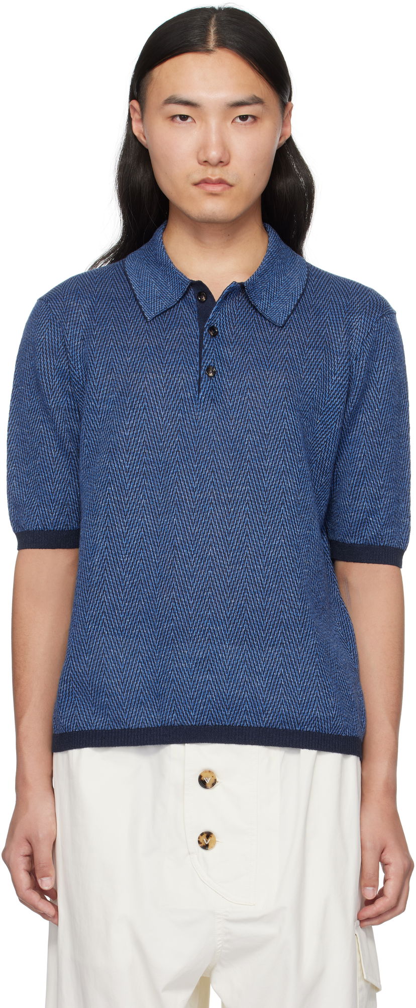 Poolopaita Bottega Veneta Bottega Veneta Chevron Knit Linen Polo Sininen | 809716V4VW04443