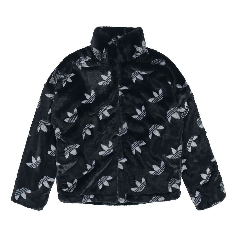 Bomber-takki adidas Originals Originals Logo Stand Collar Faux Fur Jacket Musta | HI4656