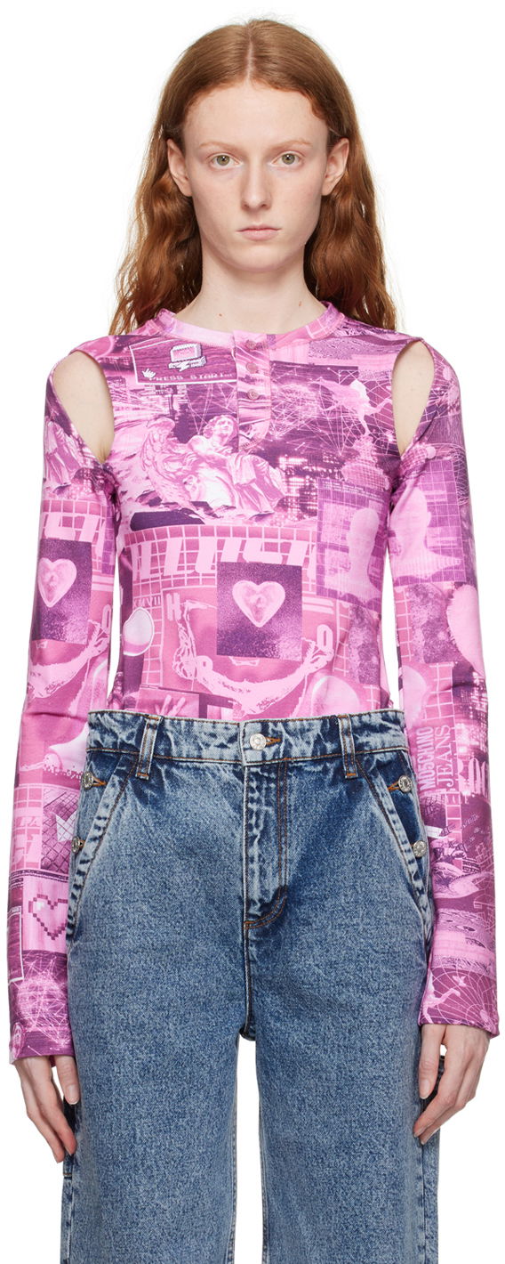 Body Moschino Graphic Print Cut-Out Long Sleeve Bodysuit Vaaleanpunainen | 1101 8254