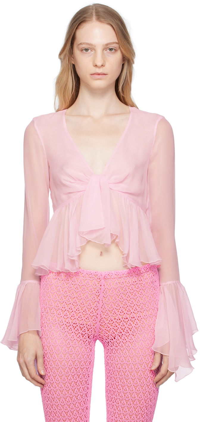 Paita Blumarine Blumarine Ruffled Tie-Front Blouse Vaaleanpunainen | P344C005A