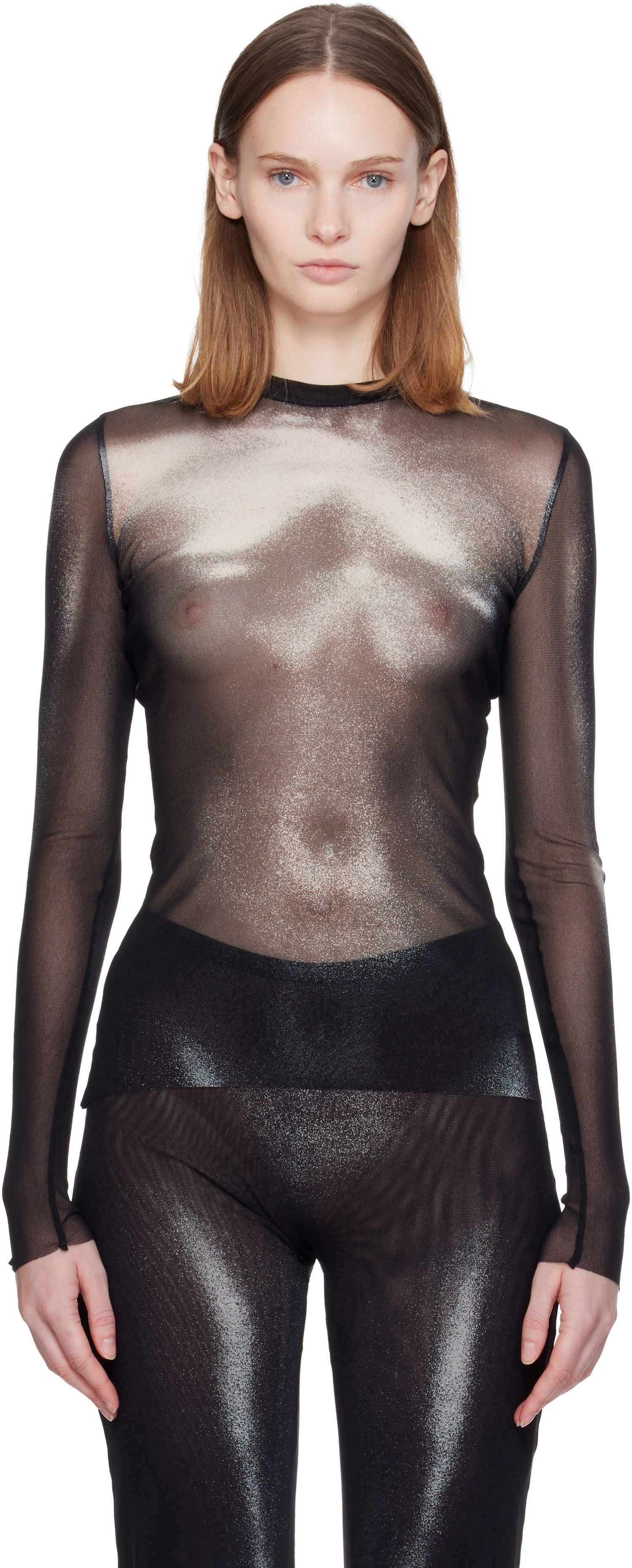 T-paita Jean Paul Gaultier Sheer Mesh Long Sleeve 'The Silver Body Dust' Top Musta | 25/04-W-TO366-M010P-0091, 0