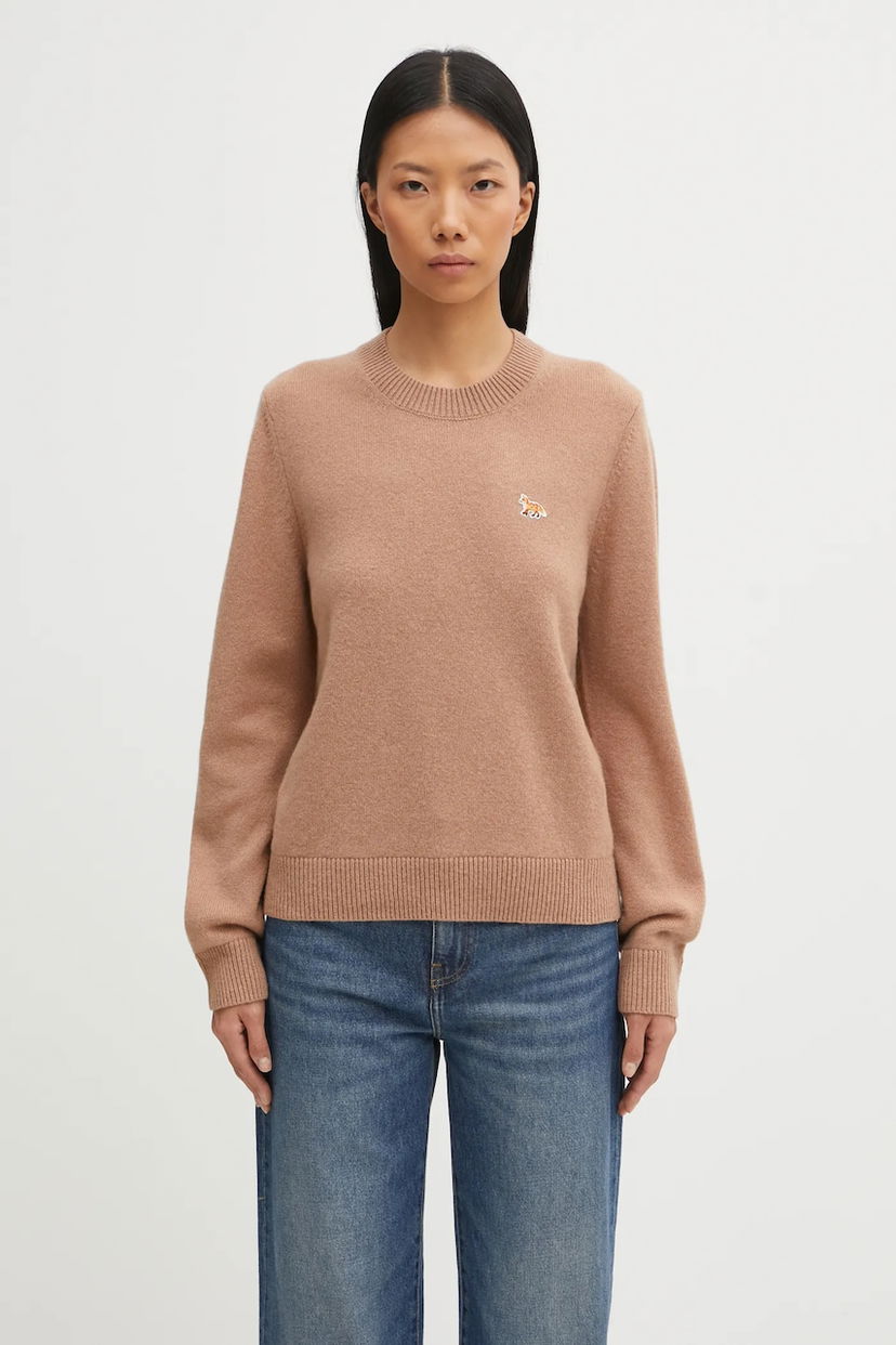Villapaita MAISON KITSUNÉ Maison Kitsuné Baby Fox Lambswool Regular Fit Crew Neck Sweater Beige | PW00817KT1006