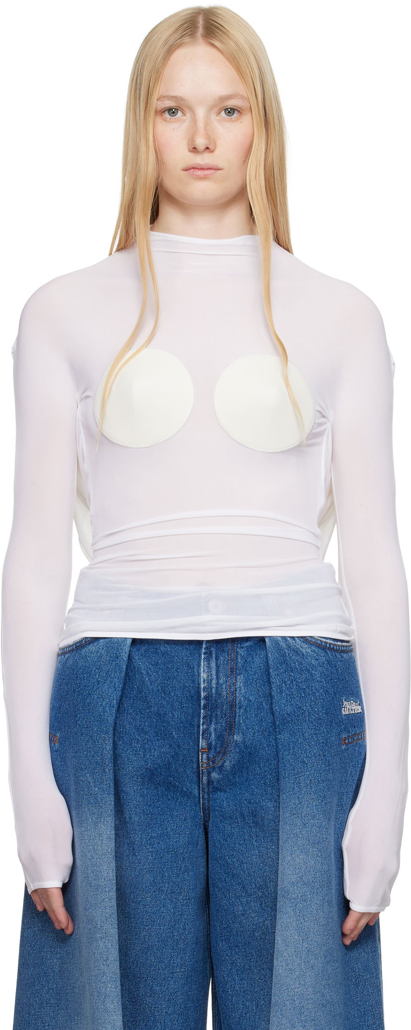 T-paita Jean Paul Gaultier Jean Paul Gaultier 'The Backless Conical' Sheer Top Valkoinen | 25/34-F-TO279-J082-1103