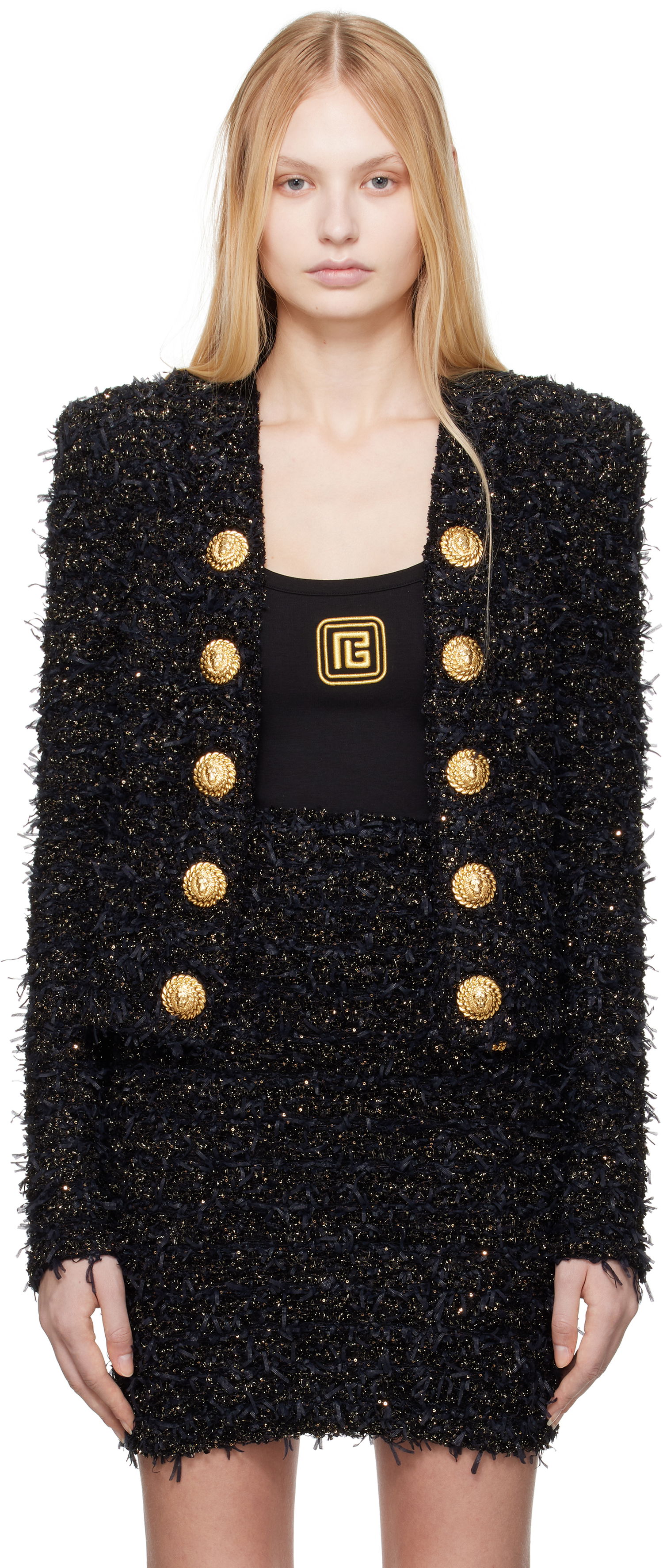 Takki Balmain Balmain Tweed Jacket with Gold-Tone Buttons Musta | EF1SK048KB19, 0