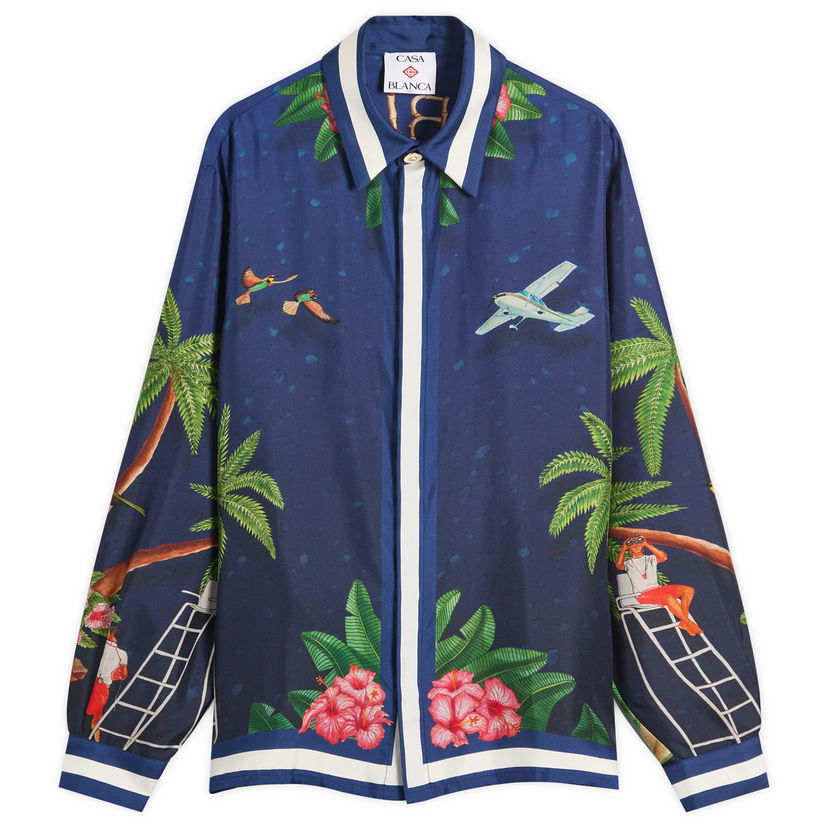 Paita Casablanca Casablanca Classic Long Sleeve Patterned Silk Shirt, Size Large Sininen | MPF25-SH-021-02