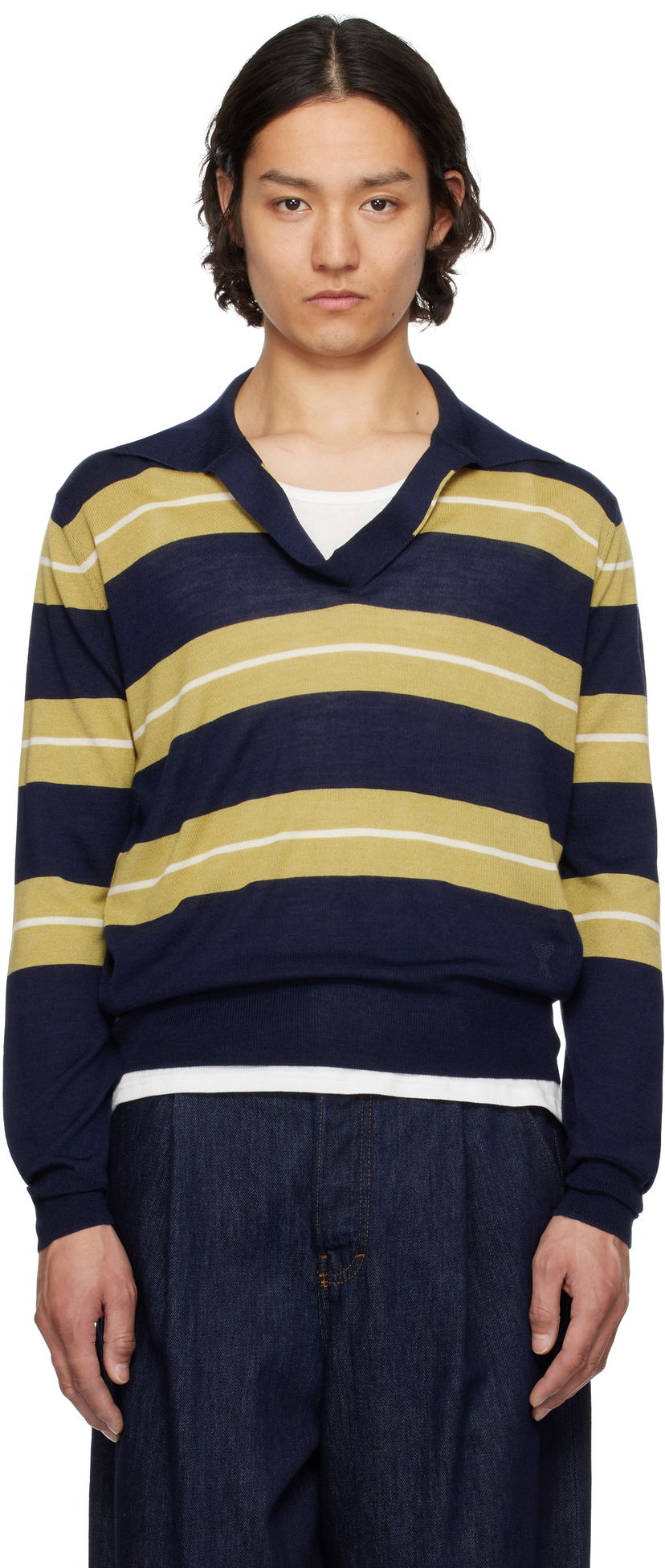 Villapaita AMI AMI Paris Wool Silk Striped Polo Tummansininen | HPL376.KN0079