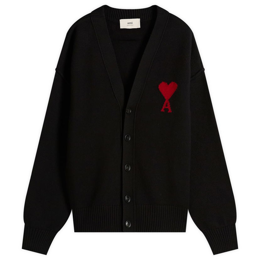 Villapaita AMI Men's Merino Wool Knit Cardigan, Size Large Musta | H25UKC367-018-009H25