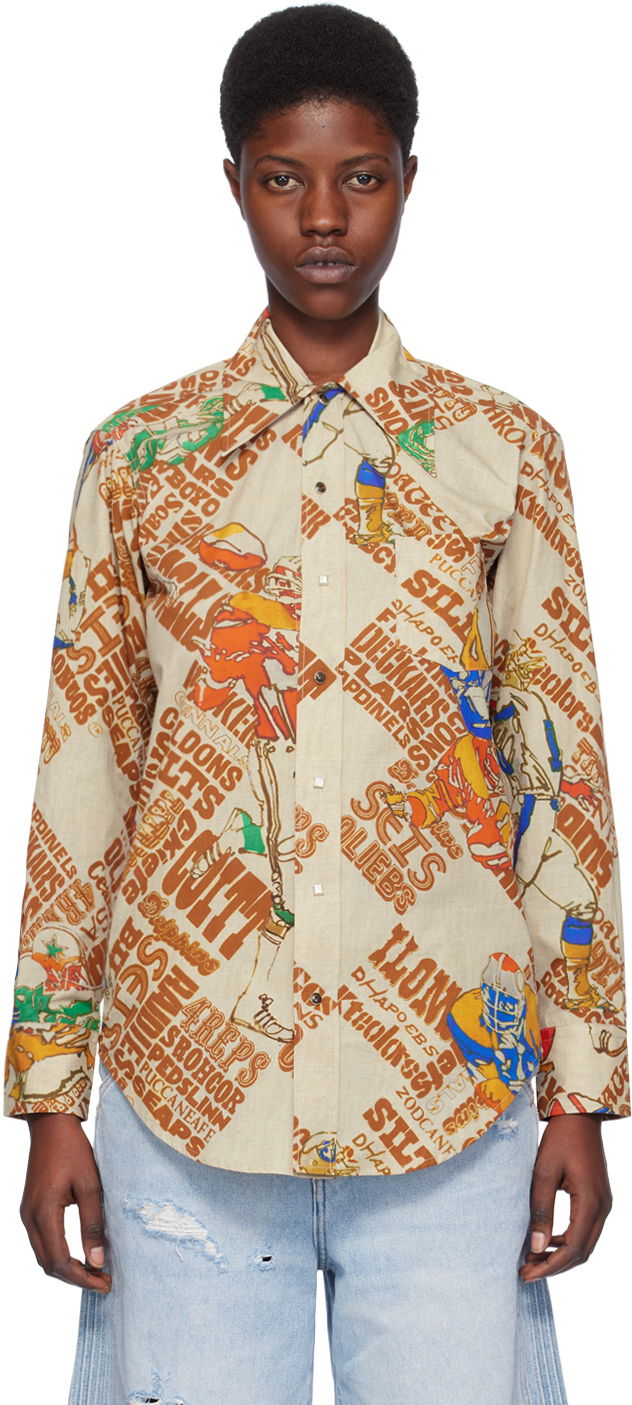 Paita ERL Brown Graphic-Print Cotton Button-Up Shirt Beige | ERL07B006
